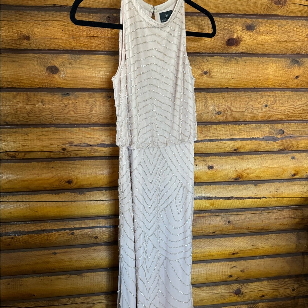 Adrianna Papell blush gold sequins halter maxi dress